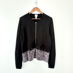 Chico’s Hera Leopard-Print Cardigan Women’s Sz L (2) Zip Front Long Sleeve Black